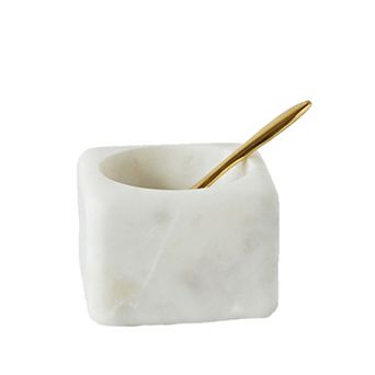 Hello Honey Square Marble Bowl with Brass Spoon, White
