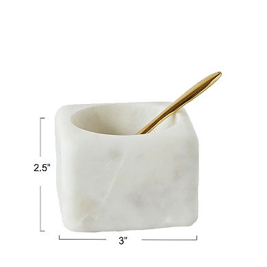Hello Honey Square Marble Bowl with Brass Spoon, White