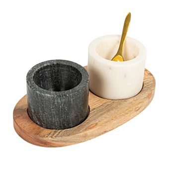 Hello Honey Round Marble Bowls on Mango Wood Tray with Brass Salt Spoon, White and Black, Set of 2
