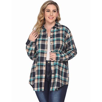 Zeagoo Women's Plus Size Flannel Plaid Roll Up Long Sleeve Casual Shirt