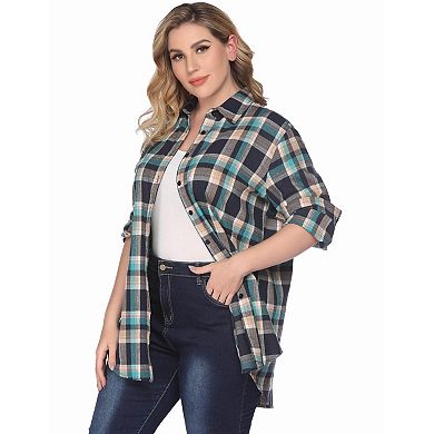Zeagoo Women's Plus Size Flannel Plaid Roll Up Long Sleeve Casual Shirt