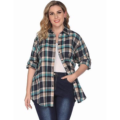 Zeagoo Women's Plus Size Flannel Plaid Roll Up Long Sleeve Casual Shirt