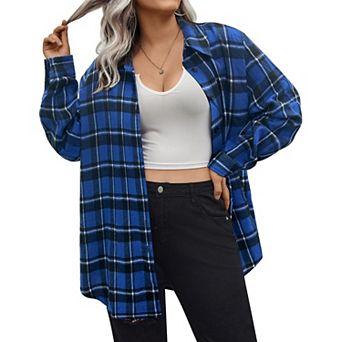Zeagoo Women's Plus Size Flannel Plaid Roll Up Long Sleeve Casual Shirt