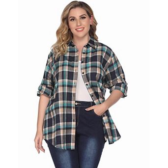Zeagoo Women's Plus Size Flannel Plaid Roll Up Long Sleeve Casual Shirt