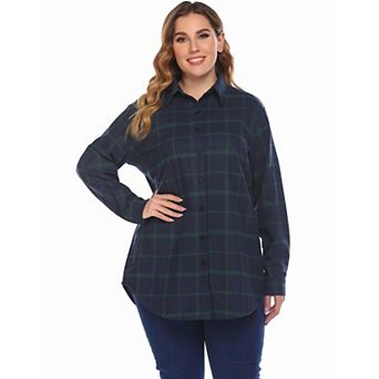 Zeagoo Women's Plus Size Flannel Plaid Roll Up Long Sleeve Casual Shirt