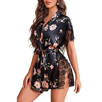 Avidlove Women Satin Lingerie Robe Short Kimono Robes Side Split Eyelash Lace Trim Sleepwear