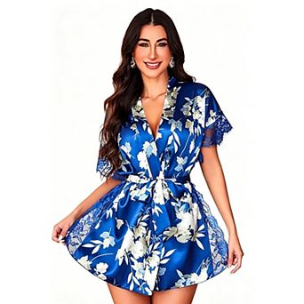 Avidlove Women Satin Lingerie Robe Short Kimono Robes Side Split Eyelash Lace Trim Sleepwear