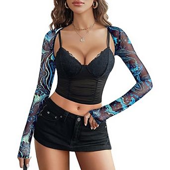 Avidlove Mesh Crop Top with Shrug Long Sleeve Sheer Top Low Cut Shirt Going Out Pieces