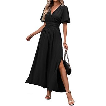 Women's Deep V Neck Maxi Dress Summer Ruffle Short Sleeve Slit Long Dress