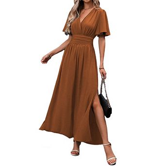 Women's Deep V Neck Maxi Dress Summer Ruffle Short Sleeve Slit Long Dress
