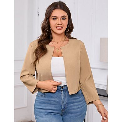 Women's Plus Size Casual Round Neck Suit Jacket 3/4 Sleeves Front Opening Jackets