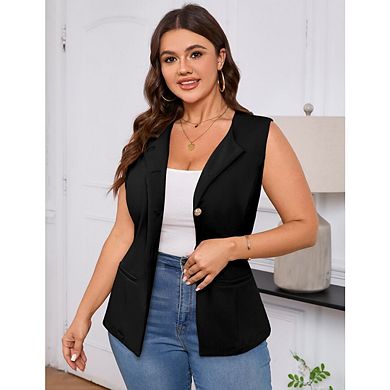Women’s Plus Size Business Casual Vest Tops Button Down Sleeveless Pockets Vest Tops