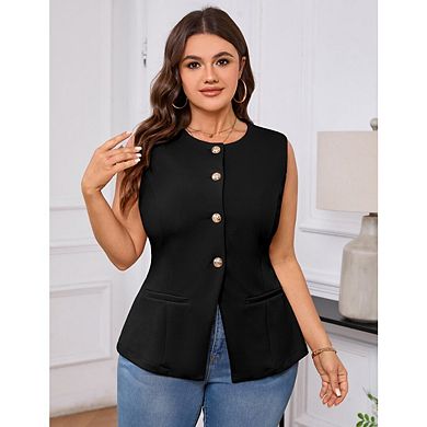 Women’s Plus Size Business Casual Vest Tops Button Down Sleeveless Pockets Vest Tops