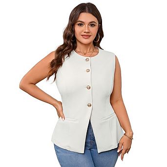 Women’s Plus Size Business Casual Vest Tops Button Down Sleeveless Pockets Vest Tops