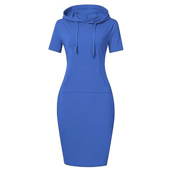 Women's Pullover Hooded Kangaroo Pocket Sweatshirt Knee Length Slim Casual Hoodie Dress