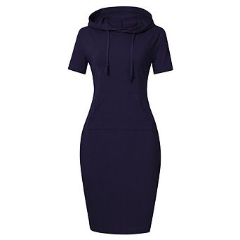 Women's Pullover Hooded Kangaroo Pocket Sweatshirt Knee Length Slim Casual Hoodie Dress