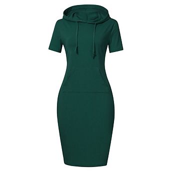Women's Pullover Hooded Kangaroo Pocket Sweatshirt Knee Length Slim Casual Hoodie Dress