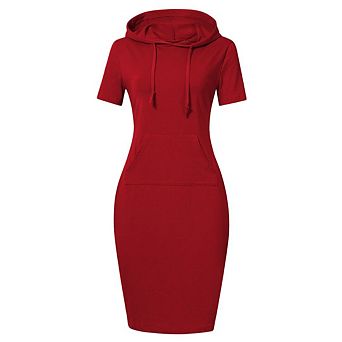 Women's Pullover Hooded Kangaroo Pocket Sweatshirt Knee Length Slim Casual Hoodie Dress