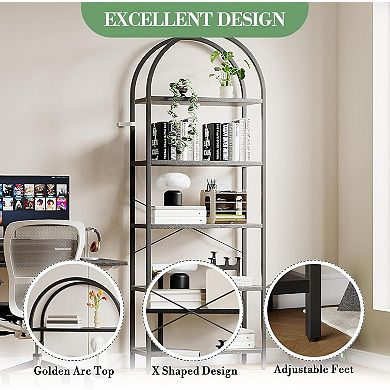 71" Tall Arched Bookshelf with 5-Tier Open Display Racks, Industrial Metal Bookcase
