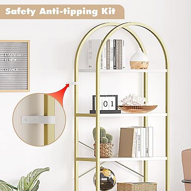 71" Tall Arched Bookshelf with 5-Tier Open Display Racks, Industrial Metal Bookcase