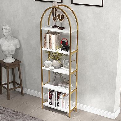71" Tall Arched Bookshelf with 5-Tier Open Display Racks, Industrial Metal Bookcase