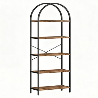 71" Tall Arched Bookshelf with 5 tier Open Display Racks, Industrial Metal Bookcase