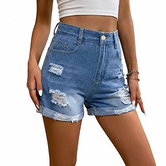 Women's High Waisted Distressed Denim Shorts Relaxed Fit