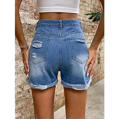 Women's High Waisted Distressed Denim Shorts Relaxed Fit