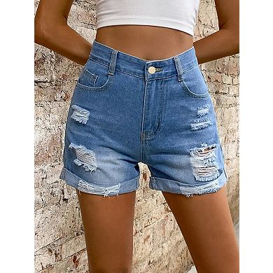 Women's High Waisted Distressed Denim Shorts Relaxed Fit