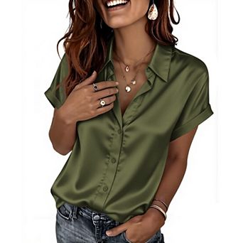 Zeagoo Silk Blouse for Women Short Sleeve Satin Button Up Shirts V Neck Tunic Tshirts