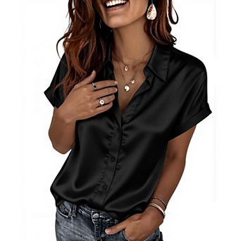 Zeagoo Silk Blouse for Women Short Sleeve Satin Button Up Shirts V Neck Tunic Tshirts