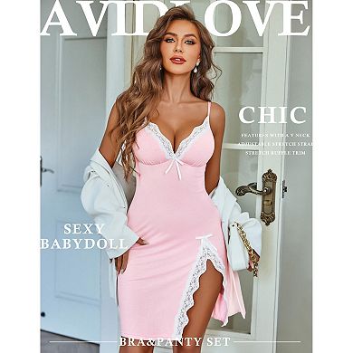 Avidlove Lingerie Lace Spaghetti Strap Nightgown Slit Chemise