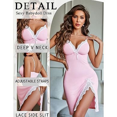 Avidlove Lingerie Lace Spaghetti Strap Nightgown Slit Chemise