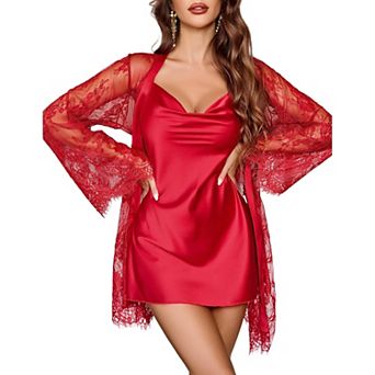Avidlove Cowl Neck Backless Women Lingerie Set Satin Nightgowns with Lace Robe Sleepwear Piece