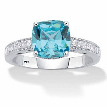 1.89 ct Cushion-Cut Blue and White Cubic Zirconia Sterling Silver Milgrain Ring