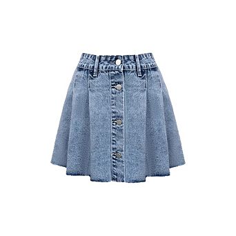 Women's High Waist Denim Skirts Button Pleated Hem Skater A Line Mini Skirt