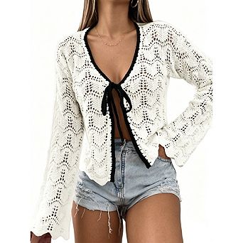 Women’s Boho Crochet Cardigan Sweater Tie Front Hollow Out Tops Knitted Cover-Ups