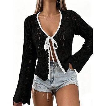 Women’s Boho Crochet Cardigan Sweater Tie Front Hollow Out Tops Knitted Cover-Ups