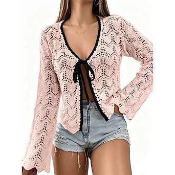 Women’s Boho Crochet Cardigan Sweater Tie Front Hollow Out Tops Knitted Cover-Ups
