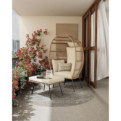 Oversize Wicker Egg Chair with Ottoman, Egg Basket Lounge Chair with Thick Cushion