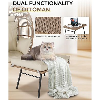 Oversize Wicker Egg Chair with Ottoman, Egg Basket Lounge Chair with Thick Cushion