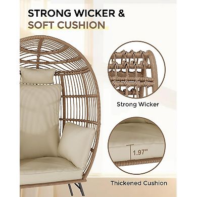 Oversize Wicker Egg Chair with Ottoman, Egg Basket Lounge Chair with Thick Cushion