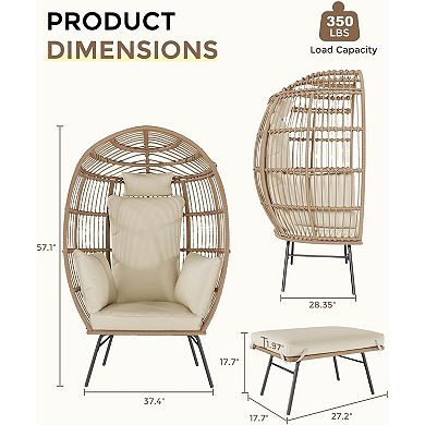 Oversize Wicker Egg Chair with Ottoman, Egg Basket Lounge Chair with Thick Cushion