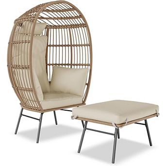 Oversize Wicker Egg Chair with Ottoman, Egg Basket Lounge Chair with Thick Cushion