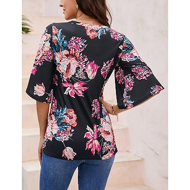Women's Flare Half Sleeve Floral Top Spring Summer Loose V neck Boho Blouse