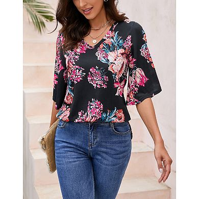 Women's Flare Half Sleeve Floral Top Spring Summer Loose V neck Boho Blouse