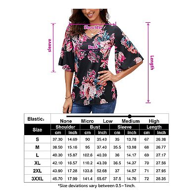 Women's Flare Half Sleeve Floral Top Spring Summer Loose V neck Boho Blouse