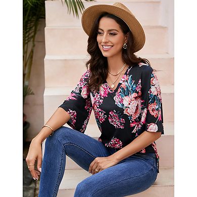 Women's Flare Half Sleeve Floral Top Spring Summer Loose V neck Boho Blouse