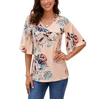 Women's Flare Half Sleeve Floral Top Spring Summer Loose V neck Boho Blouse