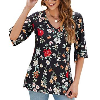 Women's Flare Half Sleeve Floral Top Spring Summer Loose V neck Boho Blouse